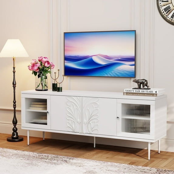 HLR 63" Modern Wood TV Stand with 3D Flower Pattern for TV Up To 75", Entertainment Center with Storage, White