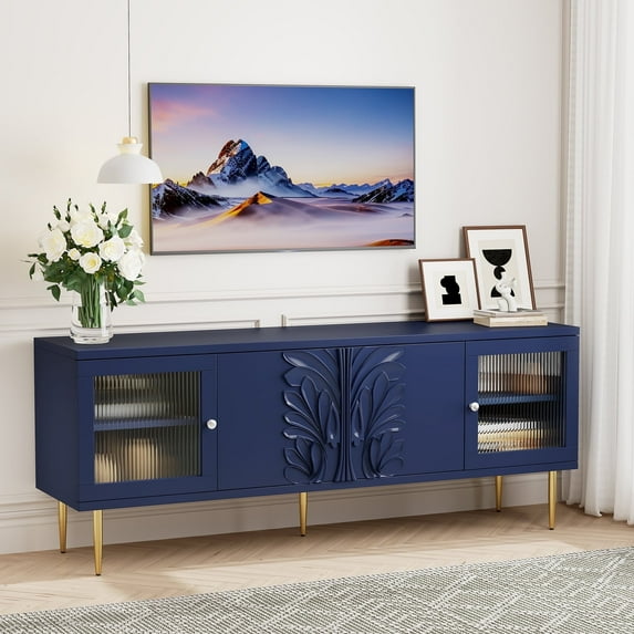 HLR 63" Modern Wood TV Stand with 3D Flower Pattern for TV Up To 75", Entertainment Center with Storage, Navy Blue