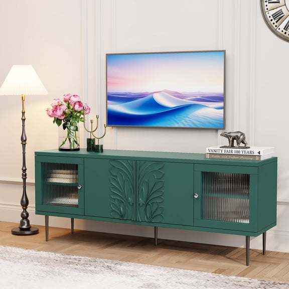 HLR 63" TV Stand for 75 Inch TV, Mid Century Entertainment Center with Storage, Fluted Glass Doors, Green