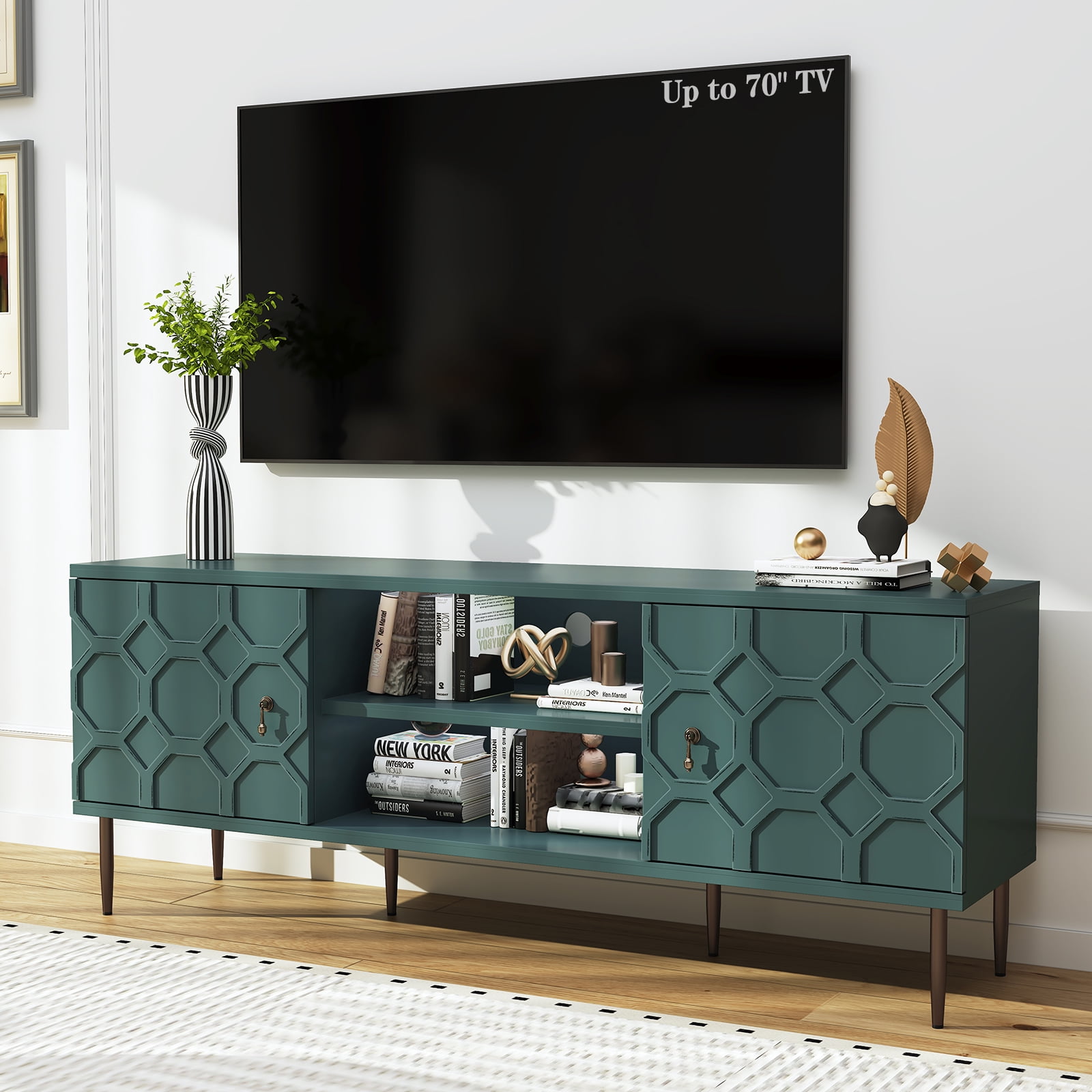 HLR 63" TV Stand, for TVs up to 75", Mid-Century Wood Entertainment Center for Living Room, Green