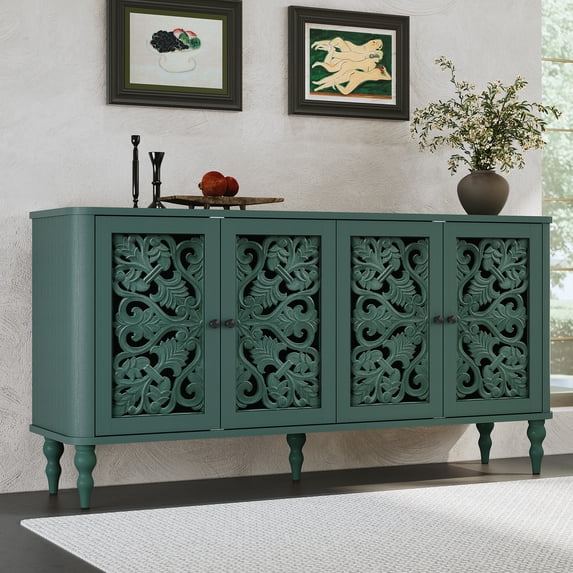 HLR 63"W Mid Century Accent Cabinets, Sideboards Buffets Cabinet with 4 Doors Storage for Dining Room, Green
