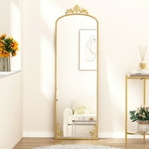 HLR 65"x21"Gold Arched Full Length Mirror with Carved Metal Frame，Body Dressing Floor Standing Mirrors,Gold