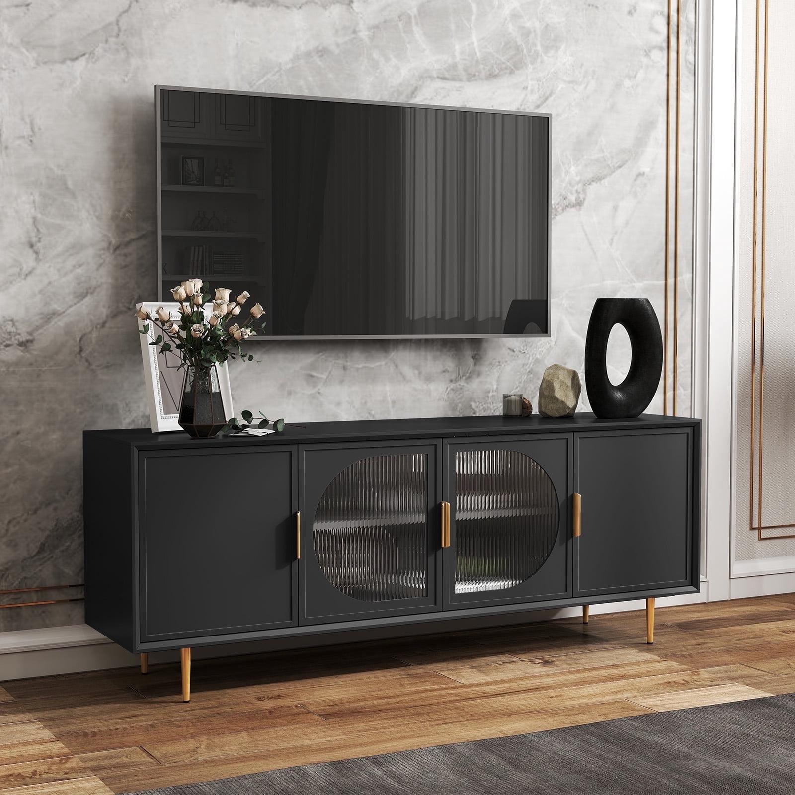 HLR Modern 66" TV Stand, for TVs up to 75", Living Room Entertainment Center with Glass Storage Cabinet, Black