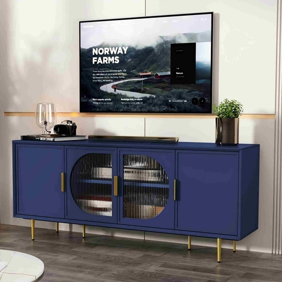 HLR Modern 66" TV Stand, for TVs up to 75", Living Room Entertainment Center with Glass Storage Cabinet, Blue