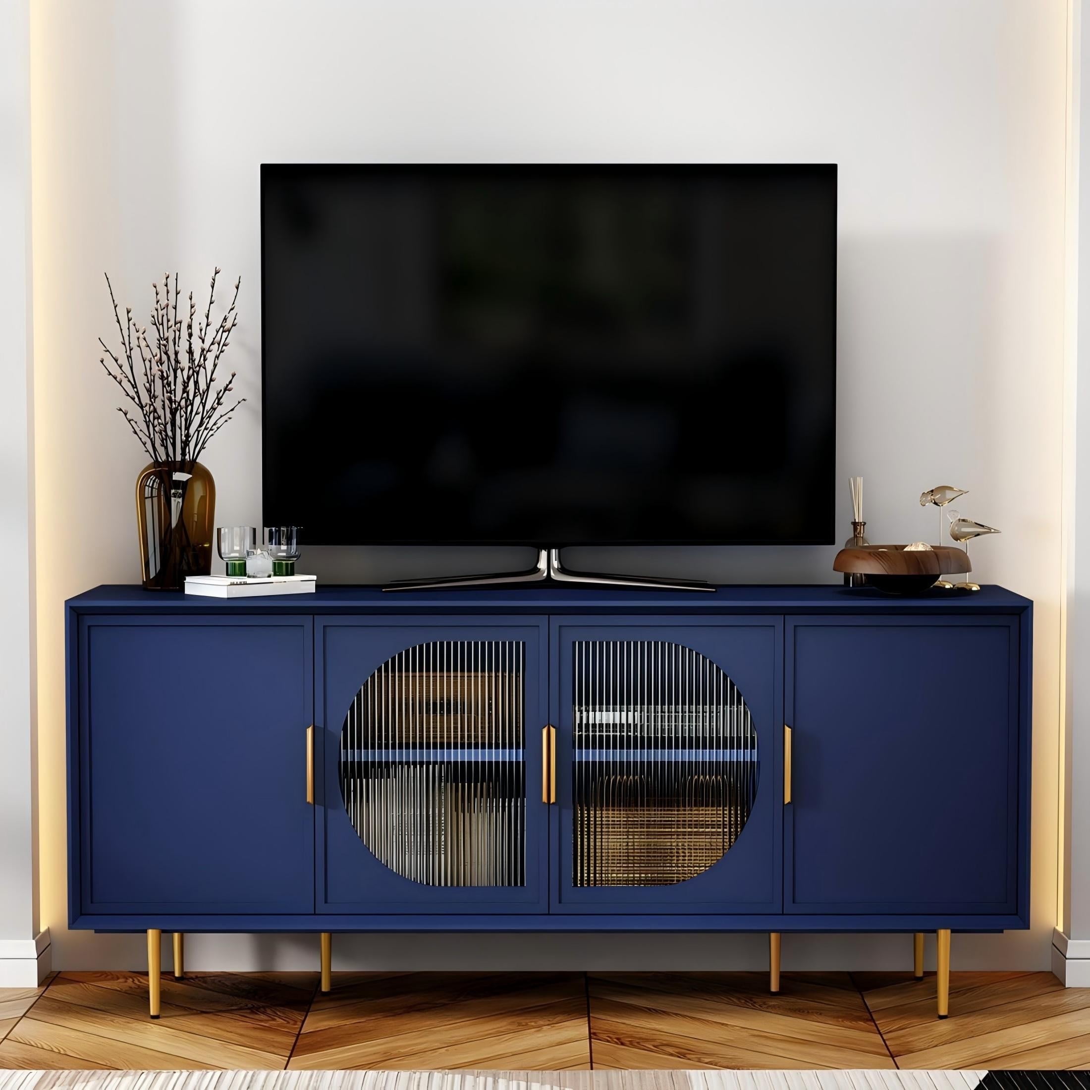 HLR Black TV Cabinet with Glass Doors & Gold Feet for TVs up HLR Black TV Cabinet with Glass Doors & Gold Feet for TVs up