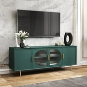 HLR Modern 66" TV Stand, for TVs up to 75", Living Room Entertainment Center with Glass Storage Cabinet, Green