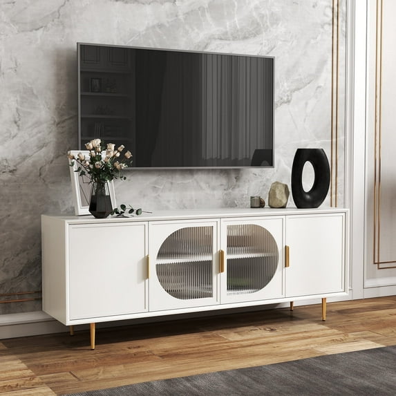 HLR Modern 66" TV Stand, for TVs up to 75", Living Room Entertainment Center with Glass Storage Cabinet, White