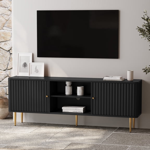 HLR 67 in Fluted TV Stand for TVs up to 75 inch, Mid-Century Modern Entertainment Center with Storage, Black
