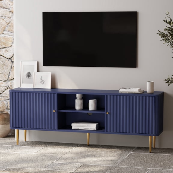 HLR 67 in Fluted TV Stand for TVs up to 75 inch, Mid-Century Modern Entertainment Center with Storage, Blue