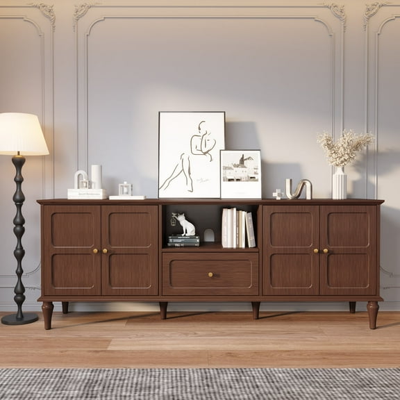 HLR Mid Century 67" TV Stand, for TVs up to 75", Living Room Entertainment Center with 4 Door Storage Cabinet, Brown