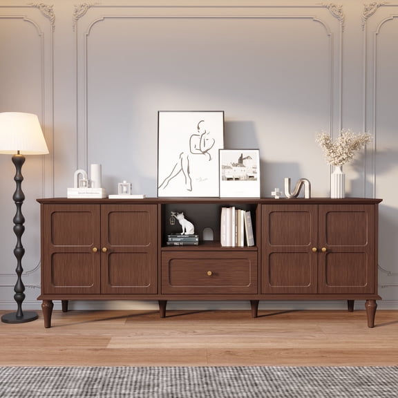 HLR Mid Century 67" TV Stand, for TVs up to 75", Living Room Entertainment Center with 4 Door Storage Cabinet, Brown