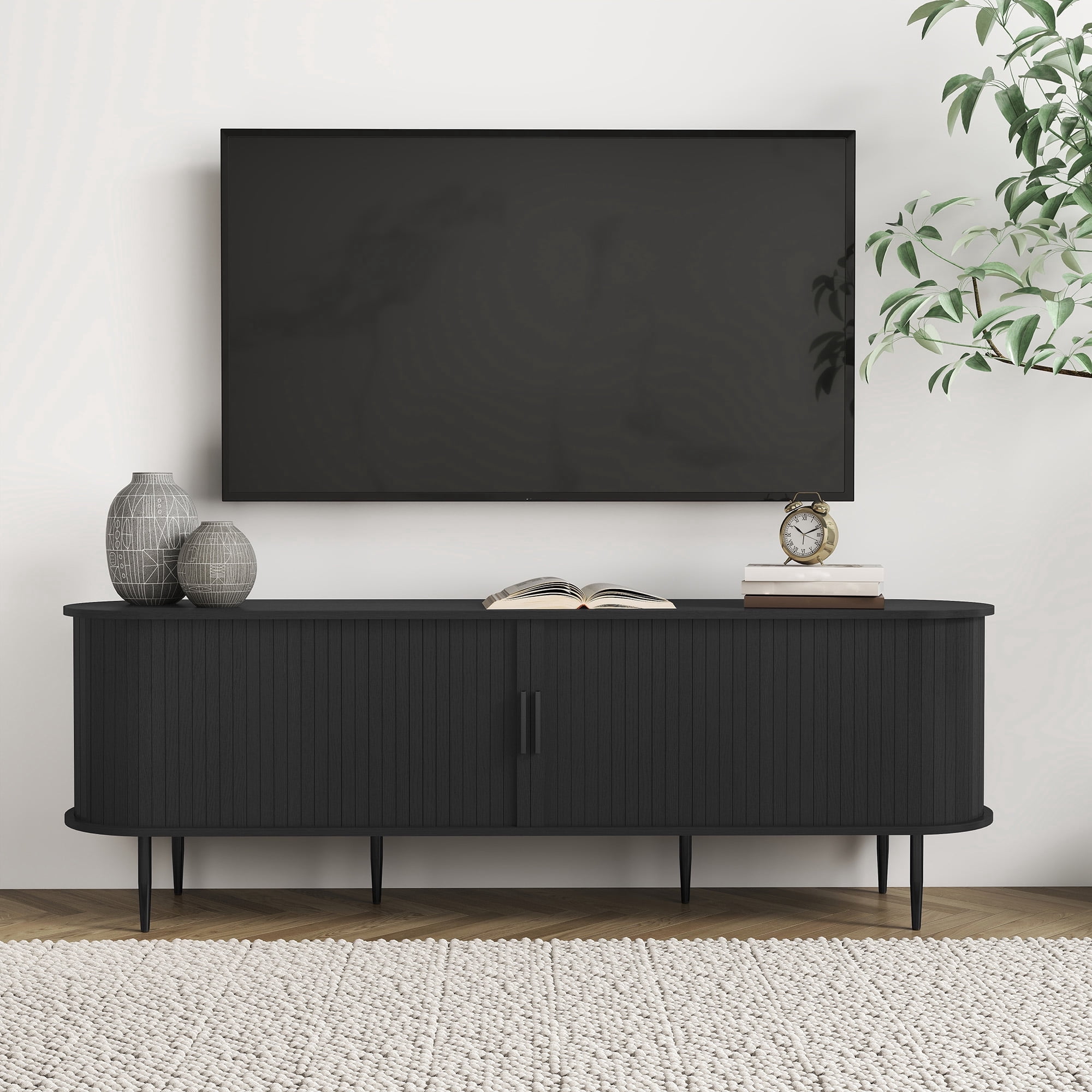 HLR 70" Mid Century TV Stand with Tambour Door for TVs up to 80", Entertainment Center with Storage, Black