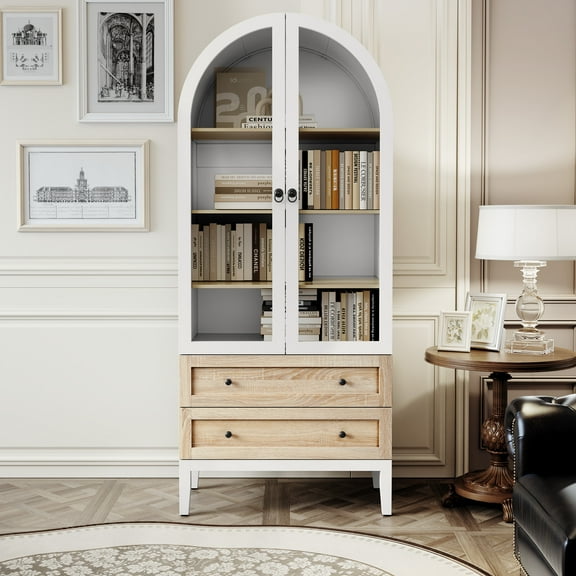 HLR 70" Tall Arched Bookshelf, Kitchen Pantry Storage Cabinet, 4-Tier Bookcase with 2 Doors for Living Room, Kitchen, Home Office, White