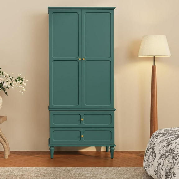 HLR 71" Mid-Century Modern Armoire Wardrobe Closet with Doors and Drawers,Wooden Armoire Storage Cabinet with Hanging Rod for Bedroom,Large Capacity Storage,Green