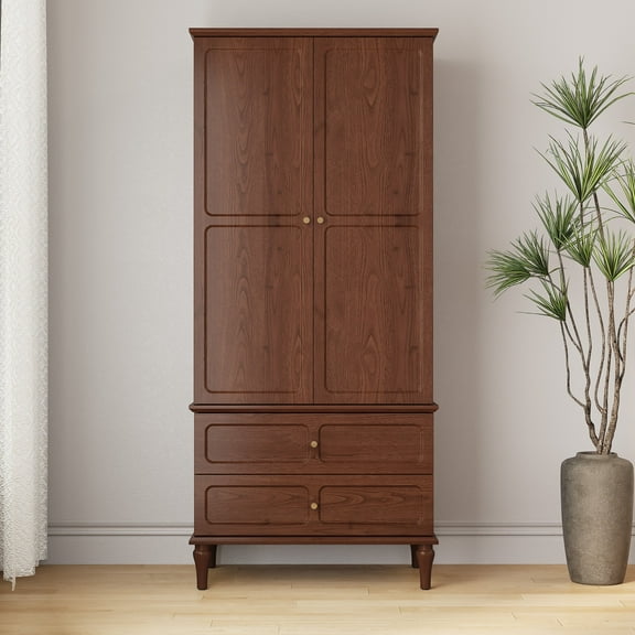 HLR 71" Tall Modern Wood Armoire Wardrobe Closet, Freestanding Cabinet with Hanging Rod for Bedroom, Brown