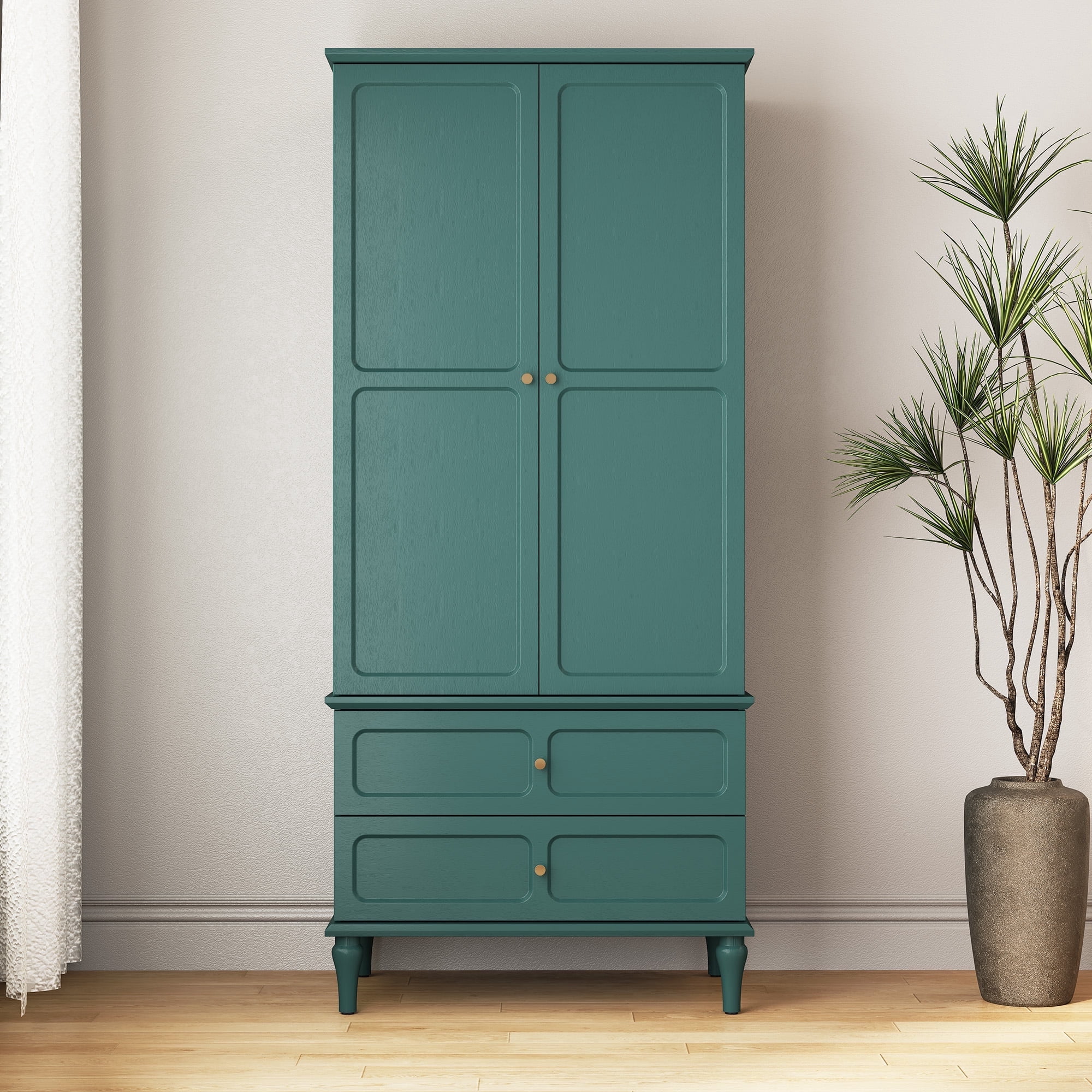 HLR 71" Tall Modern Wood Armoire Wardrobe Closet, Freestanding Cabinet with Hanging Rod for Bedroom, Green