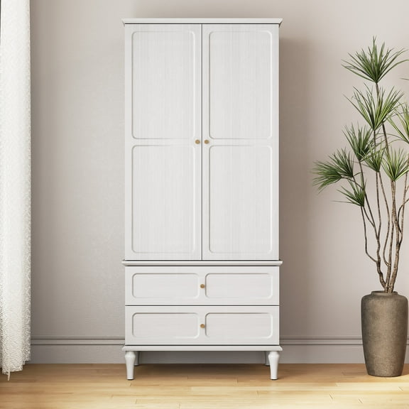 HLR 71" Tall Modern Wood Armoire Wardrobe Closet, Freestanding Cabinet with Hanging Rod for Bedroom, White
