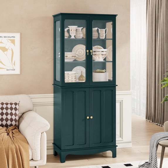HLR 72 Freestanding Kitchen Pantry Storage Sideboard with Adjustable Shelves, Glass Display Cabinet, Dark Teal