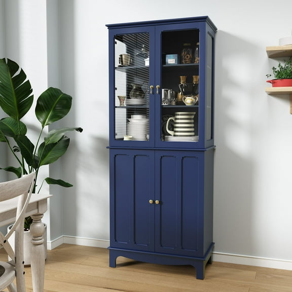 HLR 72 " Freestanding Kitchen Pantry Storage Sideboard,Glass Display Cabinet with Doors, Navy Blue