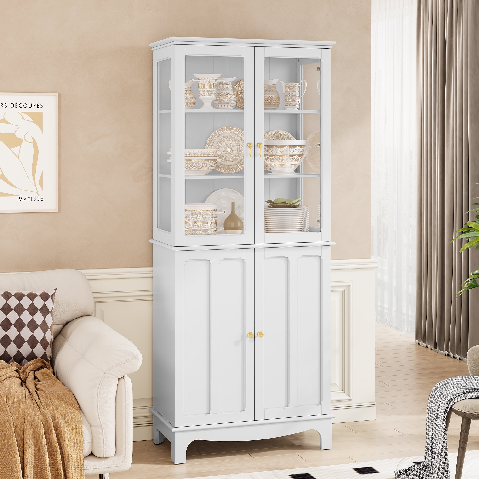 HLR 72 " Freestanding Kitchen Pantry Storage Sideboard,Glass Display Cabinet with Doors, White