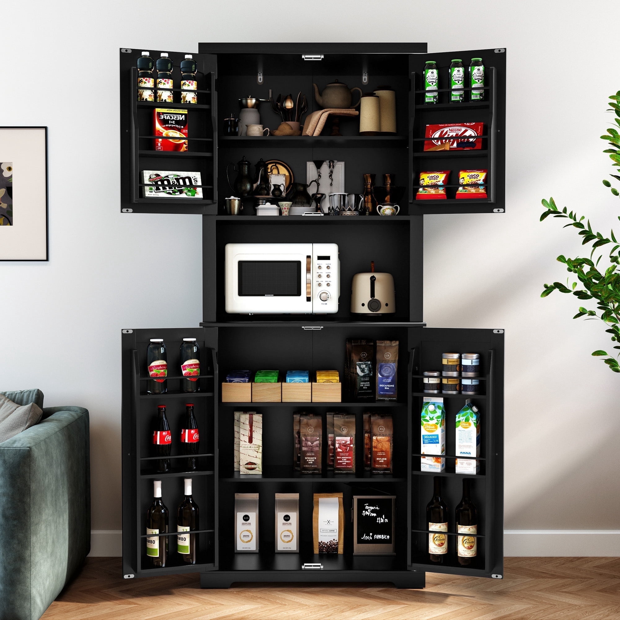 HLR 72" Kitchen Pantry Cabinet, Freestanding Pantry Storage Cabinet with Hutch & Shelves, Black