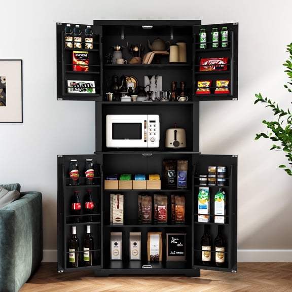 HLR 72" Kitchen Pantry Cabinet, Freestanding Pantry Storage Cabinet with Hutch & Shelves, Black