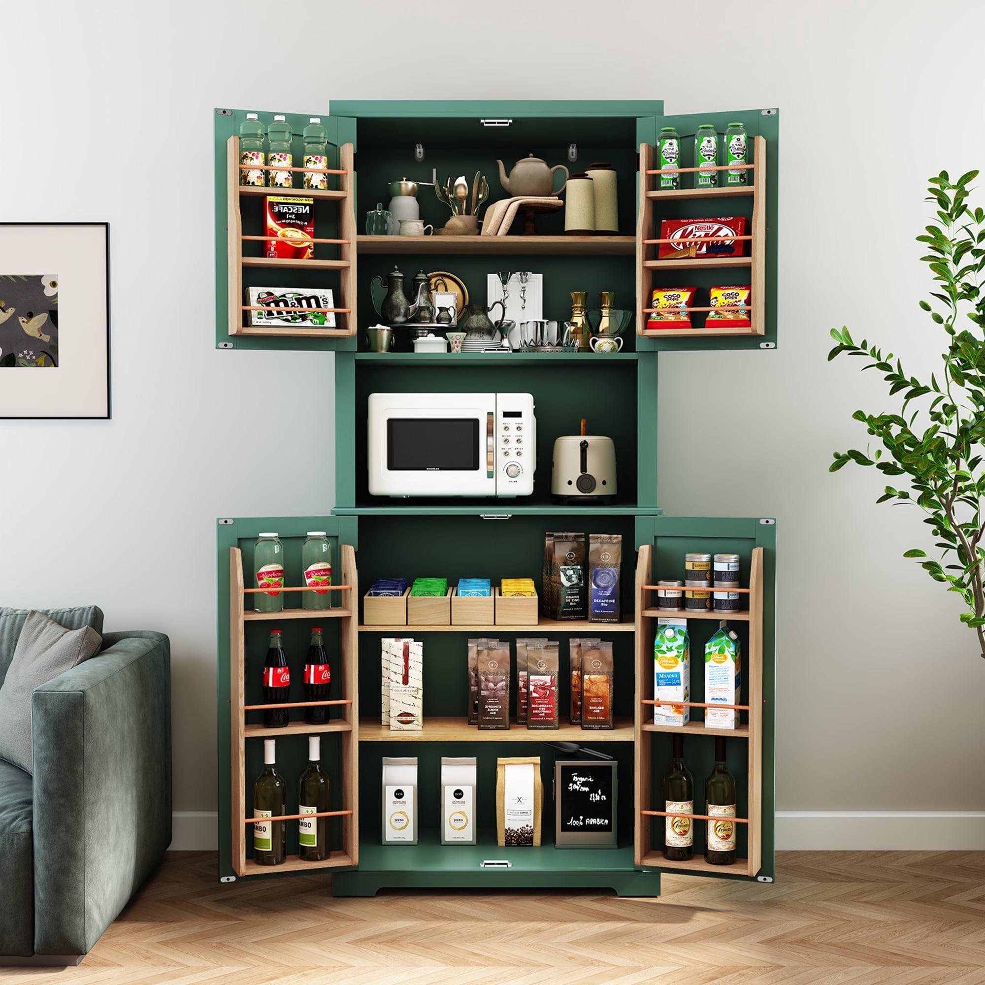 HLR 72" Kitchen Pantry Cabinet, Freestanding Pantry Storage Cabinet with Hutch & Shelves, Green