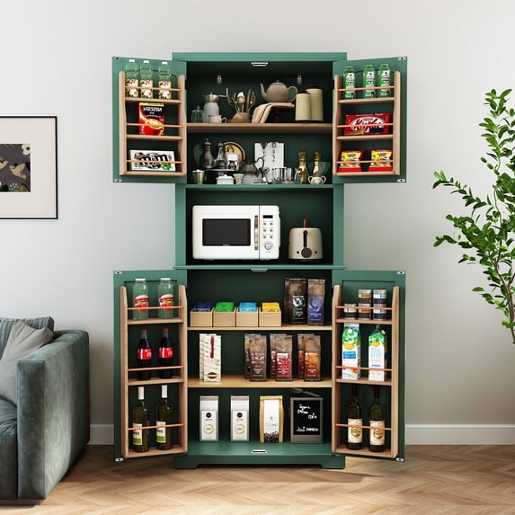 HLR 72" Kitchen Pantry Cabinet, Freestanding Pantry Storage Cabinet with Hutch & Shelves, Green