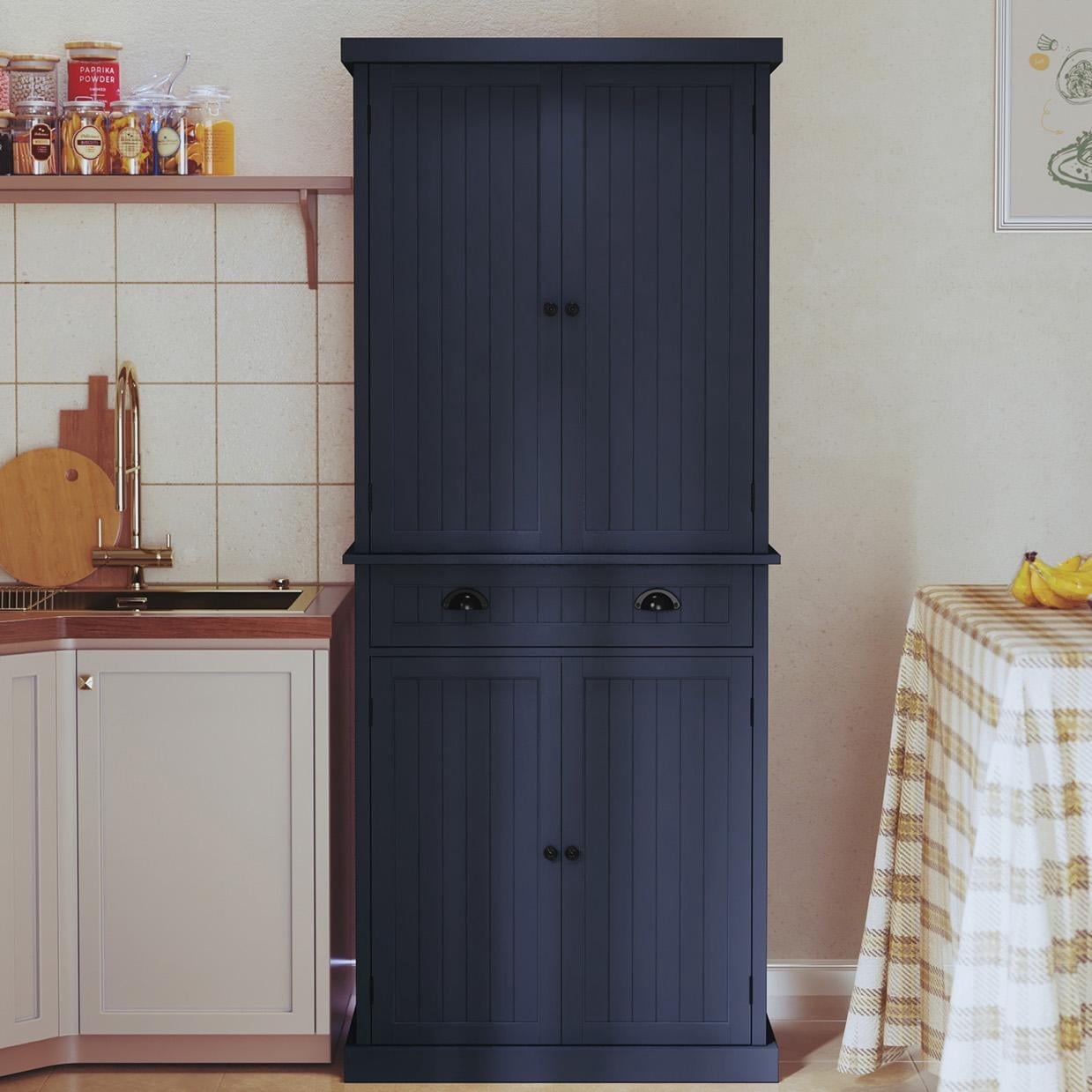 72" Tall Kitchen Pantry Cabinet with Drawer & Adjustable Shelves, Freestanding Storage Cabinet, Navy Blue