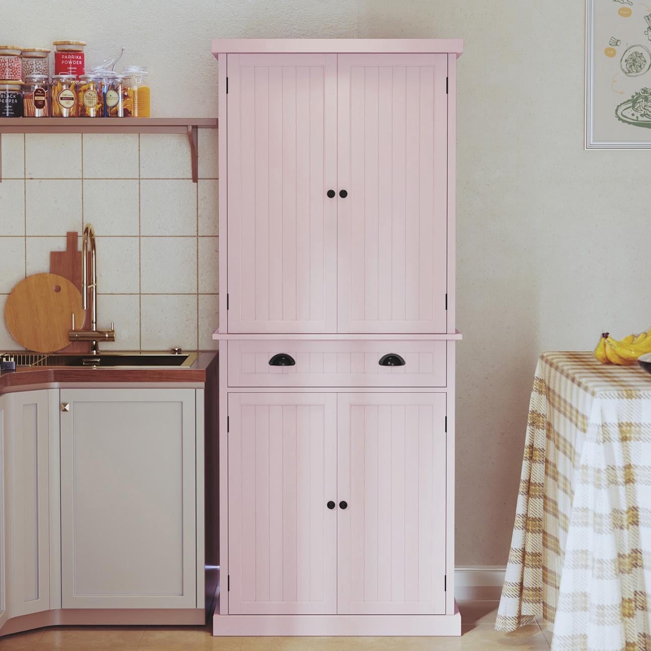 72" Tall Kitchen Pantry Cabinet with Drawer & Adjustable Shelves, Freestanding Storage Cabinet, Pink