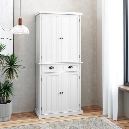 "HLR 72"" Tall Kitchen Pantry Storage Cabinet with Adjustable Shelves and Drawer, White"