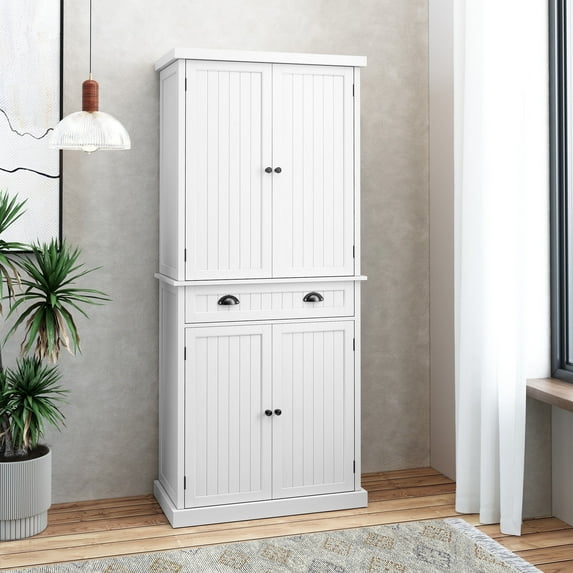 "HLR 72"" Tall Kitchen Pantry Storage Cabinet with Adjustable Shelves and Drawer, White"