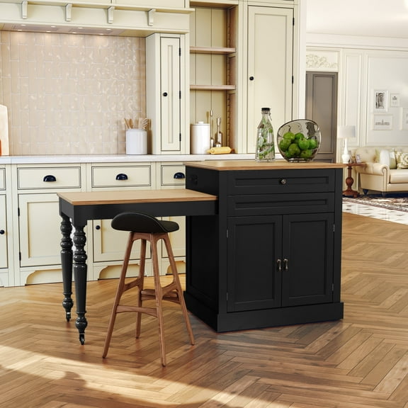 HLR 78.74" Mid-Century Extendable Kitchen Islands on Wheels with Roman column legs, Dining Table Cart with Storage, Black