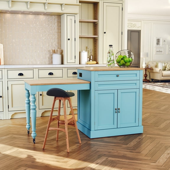 HLR 78.74" Mid-Century Extendable Kitchen Islands on Wheels with Roman column legs, Dining Table Cart with Storage, Blue