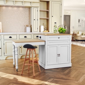 HLR 78.74" Mid-Century Extendable Kitchen Islands on Wheels with Roman column legs, Dining Table Cart with Storage, White