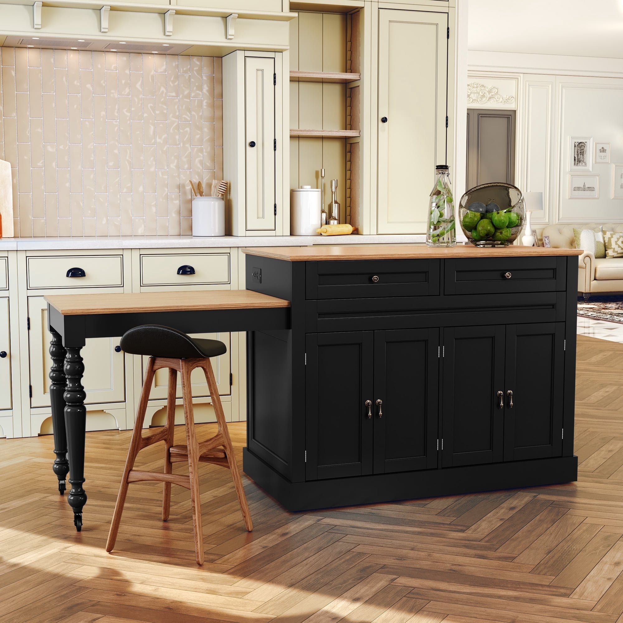 HLR 86.61" Mid-Century Extendable Kitchen Islands on Wheels with Roman column legs, Dining Table Cart with Storage, Black