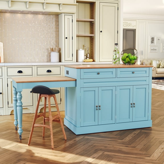 HLR 86.61" Mid-Century Extendable Kitchen Islands on Wheels with Roman column legs, Dining Table Cart with Storage, Blue