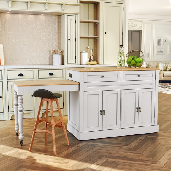 HLR 86.61" Mid-Century Extendable Kitchen Islands on Wheels with Roman column legs, Dining Table Cart with Storage, White