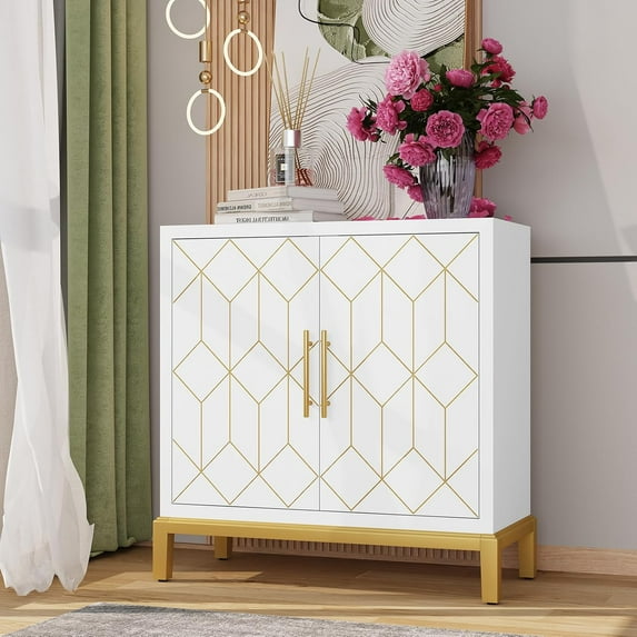 HLR Accent Cabinet with Gold Trim,Storage Cabinet with 2 Doors,Modern Wooden Sideboard for Living Room, Kitchen, Office and Hallway,White