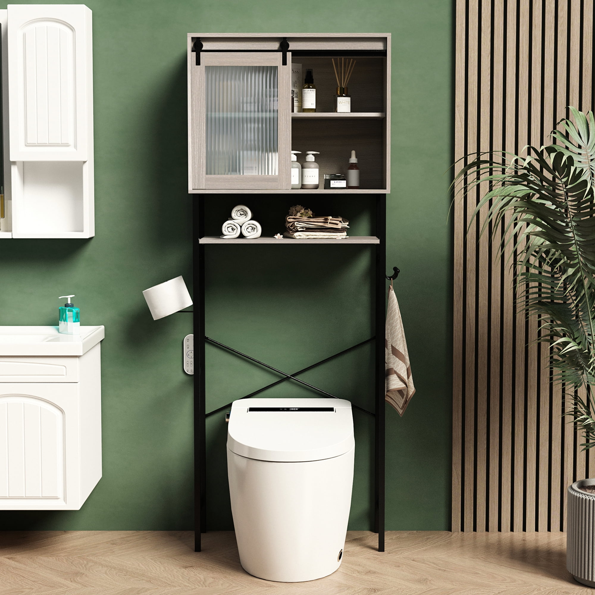 HLR Bathroom Storage Over Toilet with Sliding Door, Gray Over