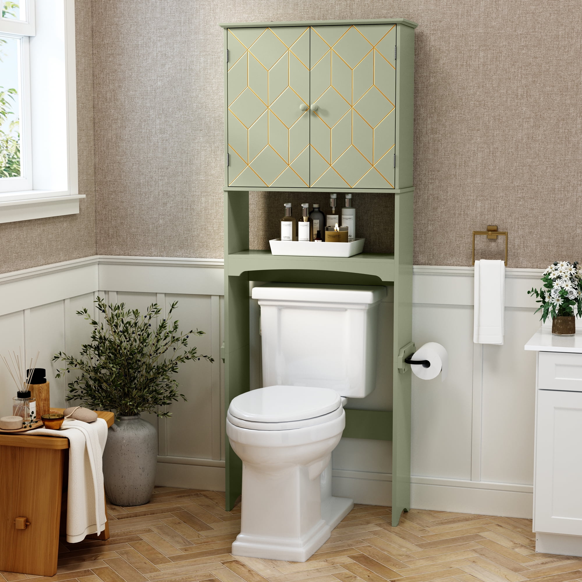 HLR Free-Standing Wood Bathroom Space Saver Cabinet with Gold Trim ...