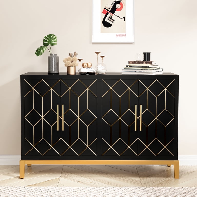 HLR Modern Wooden Sideboard Cabinet with Black and Gold Trim, 4-Door Storage Cabinet for Living Room, Kitchen, 48 Inch