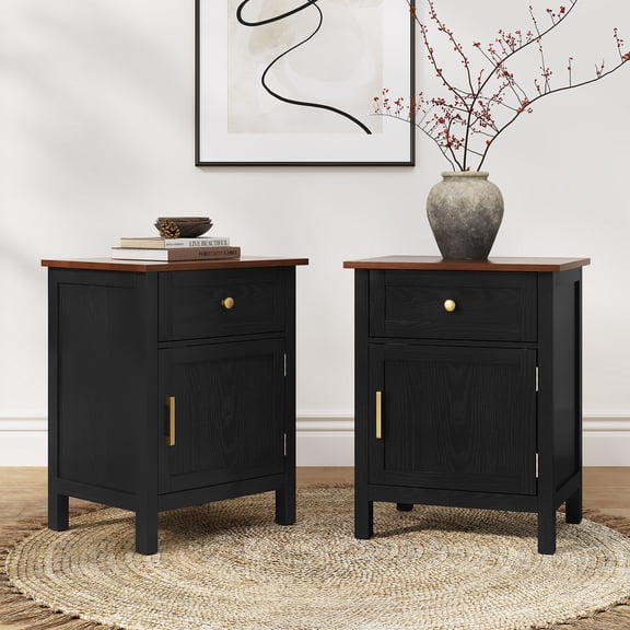 HLR 19" Farmhouse Nightstands Set of 2 with Drawer and Door, Wood Bedside Table End Table for Bedroom, Black