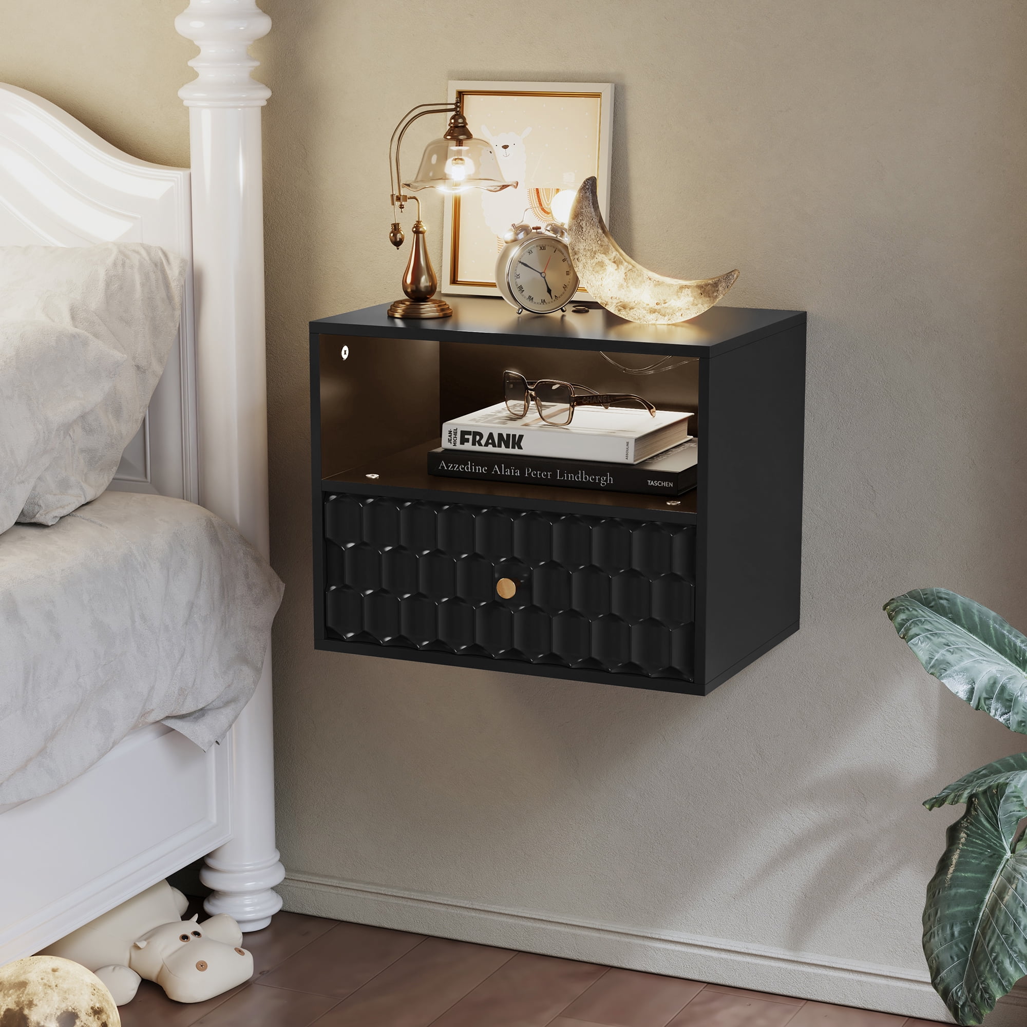 HLR Black Floating Nightstand Shelves with Drawer, Modern Bedside Table