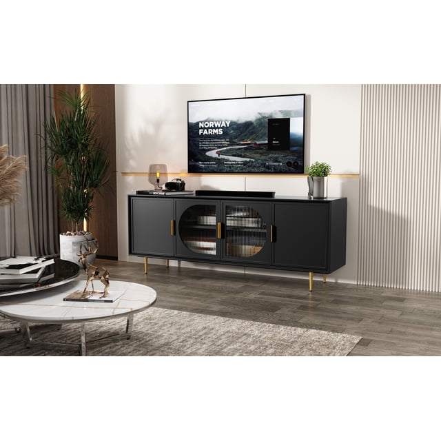 HLR Black TV Cabinet with Glass Doors & Gold Feet for TVs up to 80 ...