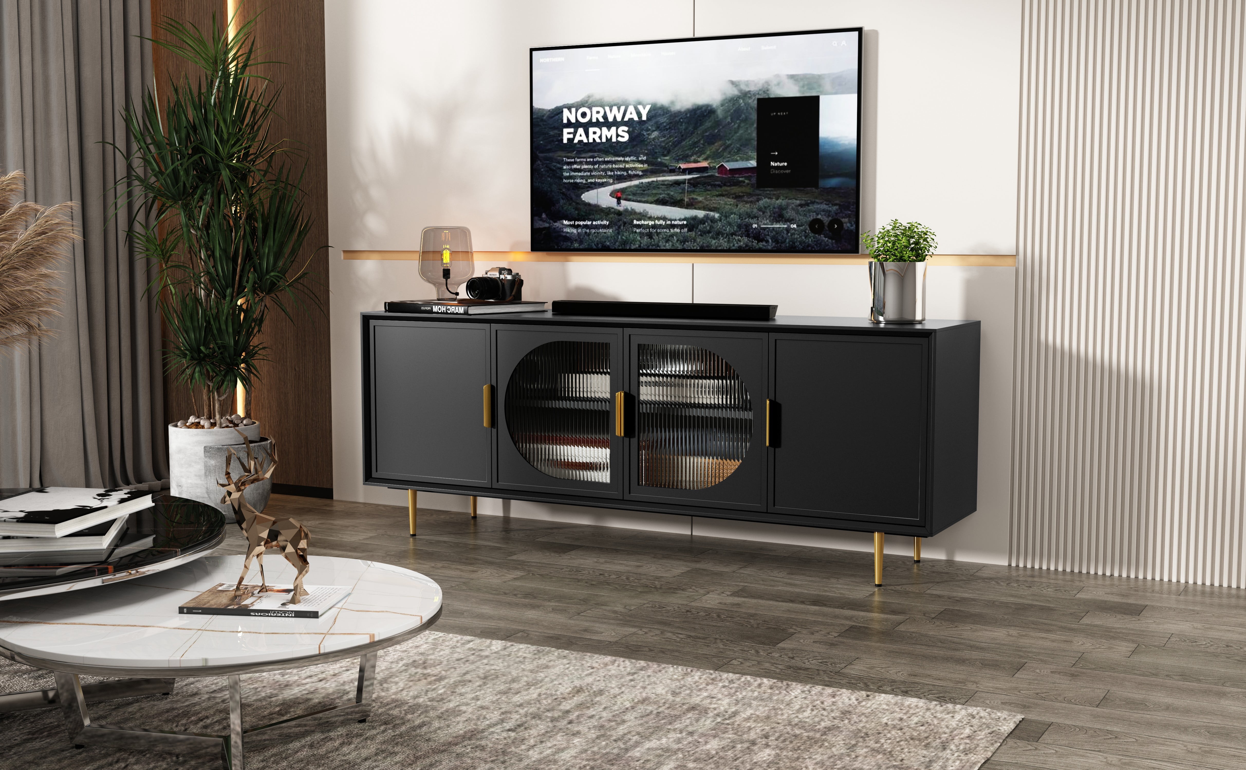 HLR TV Cabinet with Glass Doors Gold feet Entertainment Center TV Stand for TVs up to 75 inches Black