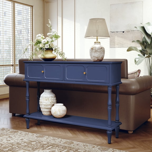 HLR Blue Mid-Century Console Table for Entryway with 2 Drawers & Open Shelf, Sofa Table, Foyer, Hallway
