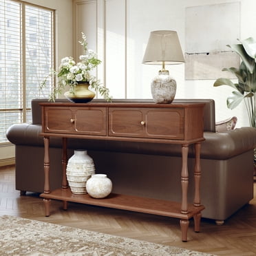 HLR Brown Mid-Century Console Table for Entryway with 2 Drawers & Open Shelf, Sofa Table, Foyer, Hallway