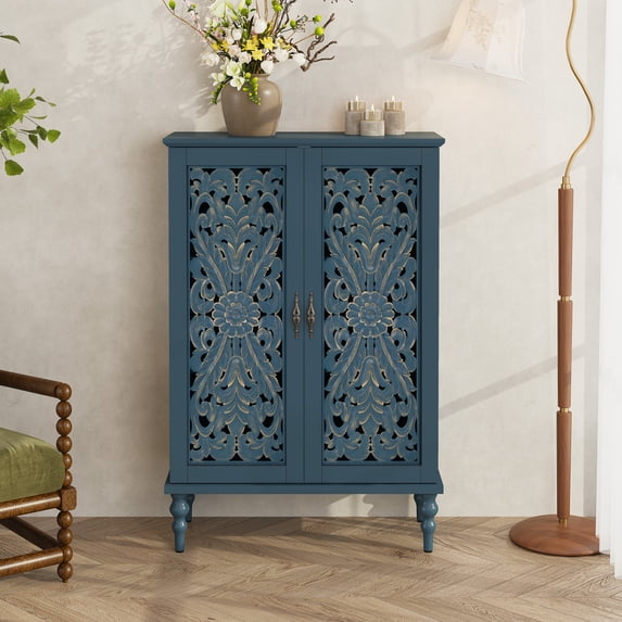 HLR Buffet Cabinet with Storage Accent Sideboard, Modern Hollow 2 Doors Credenza for Dining Room, Blue