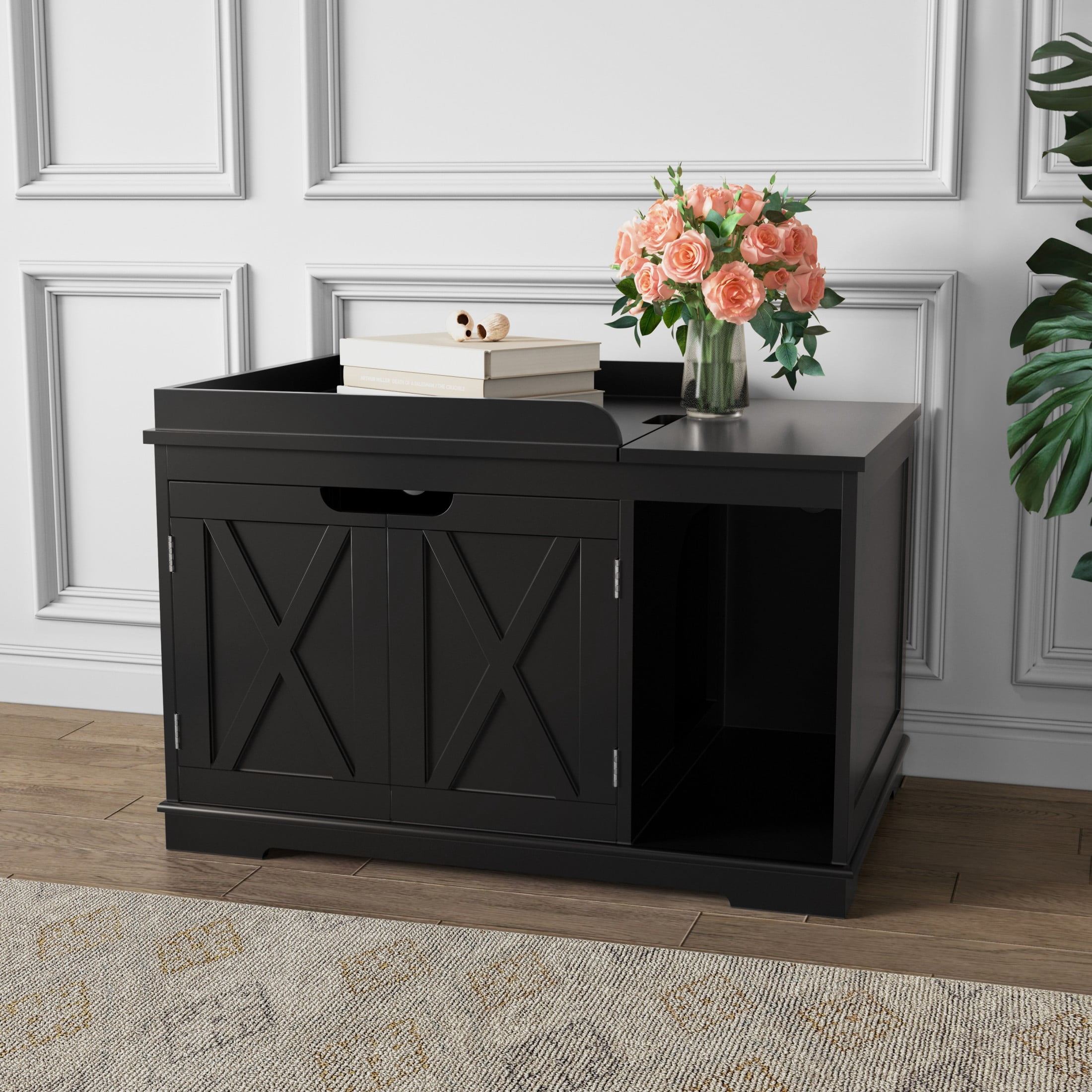 HLR Cat Litter Boxes Furniture, Enclosure Flip-Top Covered Hidden Litter Box,Wooden Cat Washroom Cabinet for Kitty, Medium and Large Cat Black
